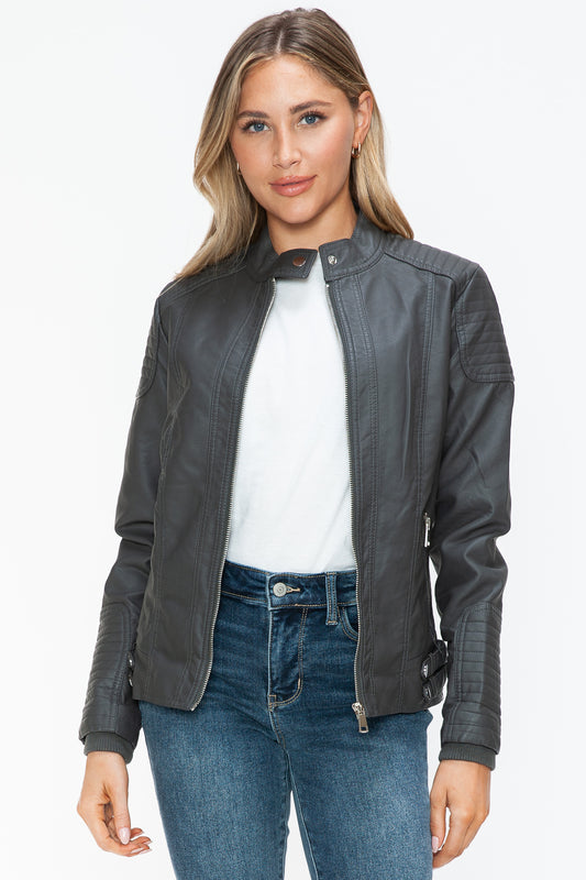 Charcoal Faux Leather Biker Jacket with Side Zip Pockets