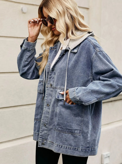 Oversized Button Up Denim Jacket with Hood - Tigbul's Variety Fashion Shop