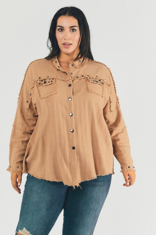 Plus Distressed hem button down oversize shirt - Tigbul's Variety Fashion Shop