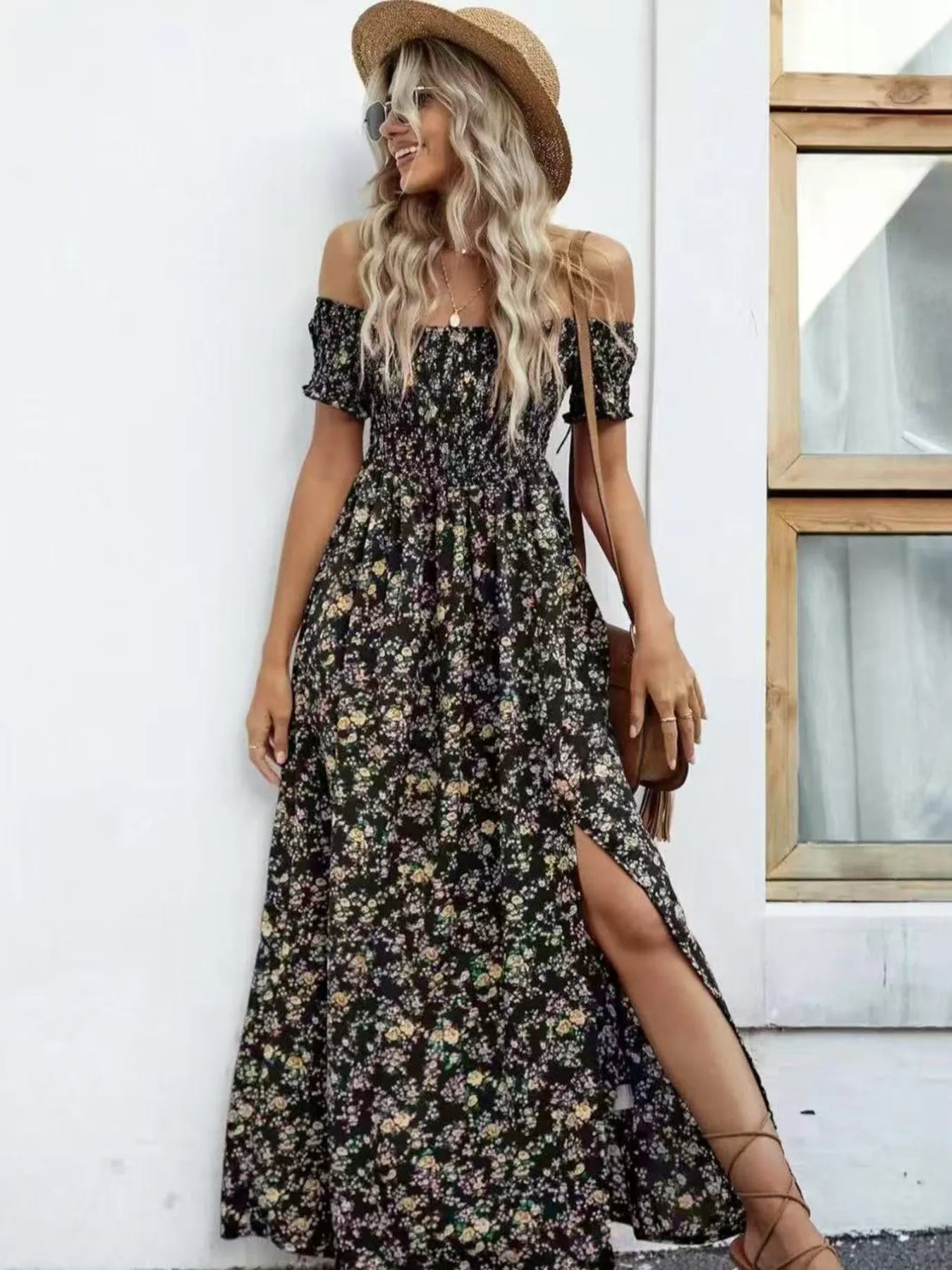 Full Size Slit Off-Shoulder Floral Midi Dress Plus Size - Tigbul's Variety Fashion Shop