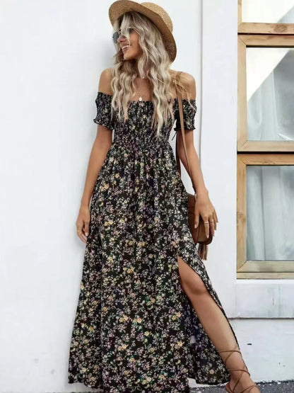 Full Size Slit Off-Shoulder Floral Midi Dress Plus Size - Tigbul's Variety Fashion Shop
