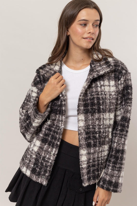 HYFVE Plaid Collared Neck Boucle Jacket with Pockets - Tigbul's Variety Fashion Shop