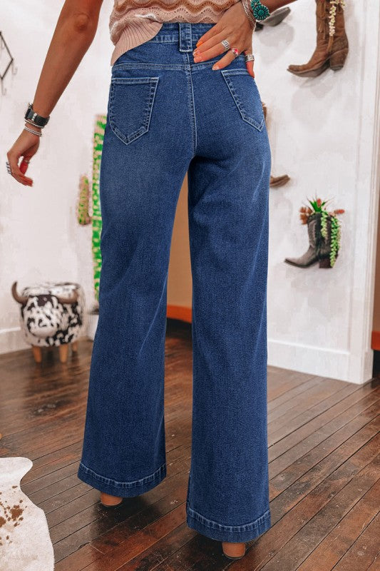 Blue Wide Leg Pocketed High Waist Jeans Women's - Tigbul's Variety Fashion Shop