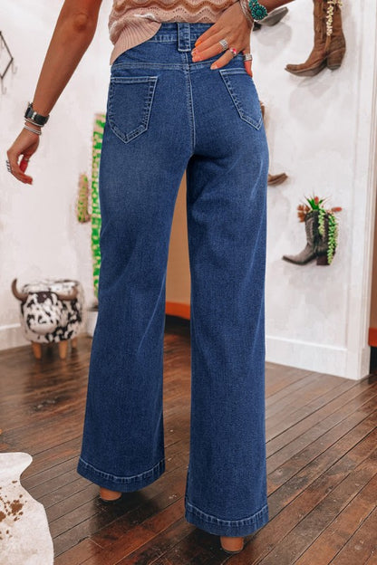 Blue Wide Leg Pocketed High Waist Jeans Women's - Tigbul's Variety Fashion Shop