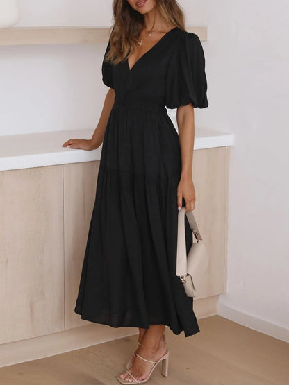 V-Neck Puff Sleeve Midi Dress - Tigbul's Variety Fashion Shop