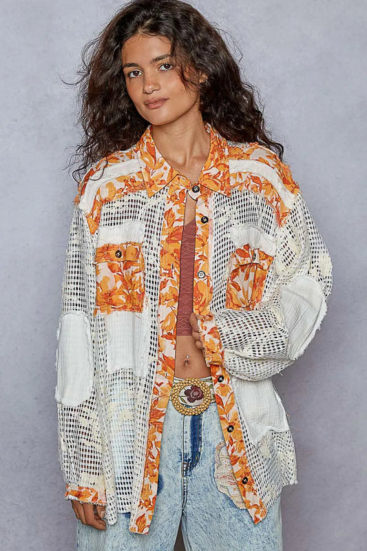 POL Floral Print Crochet Button Up Shirt - Tigbul's Variety Fashion Shop