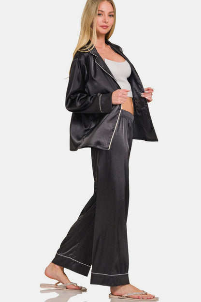 Zenana Satin Long Sleeve Shirt and Pants Pajama Set - Tigbul's Variety Fashion Shop