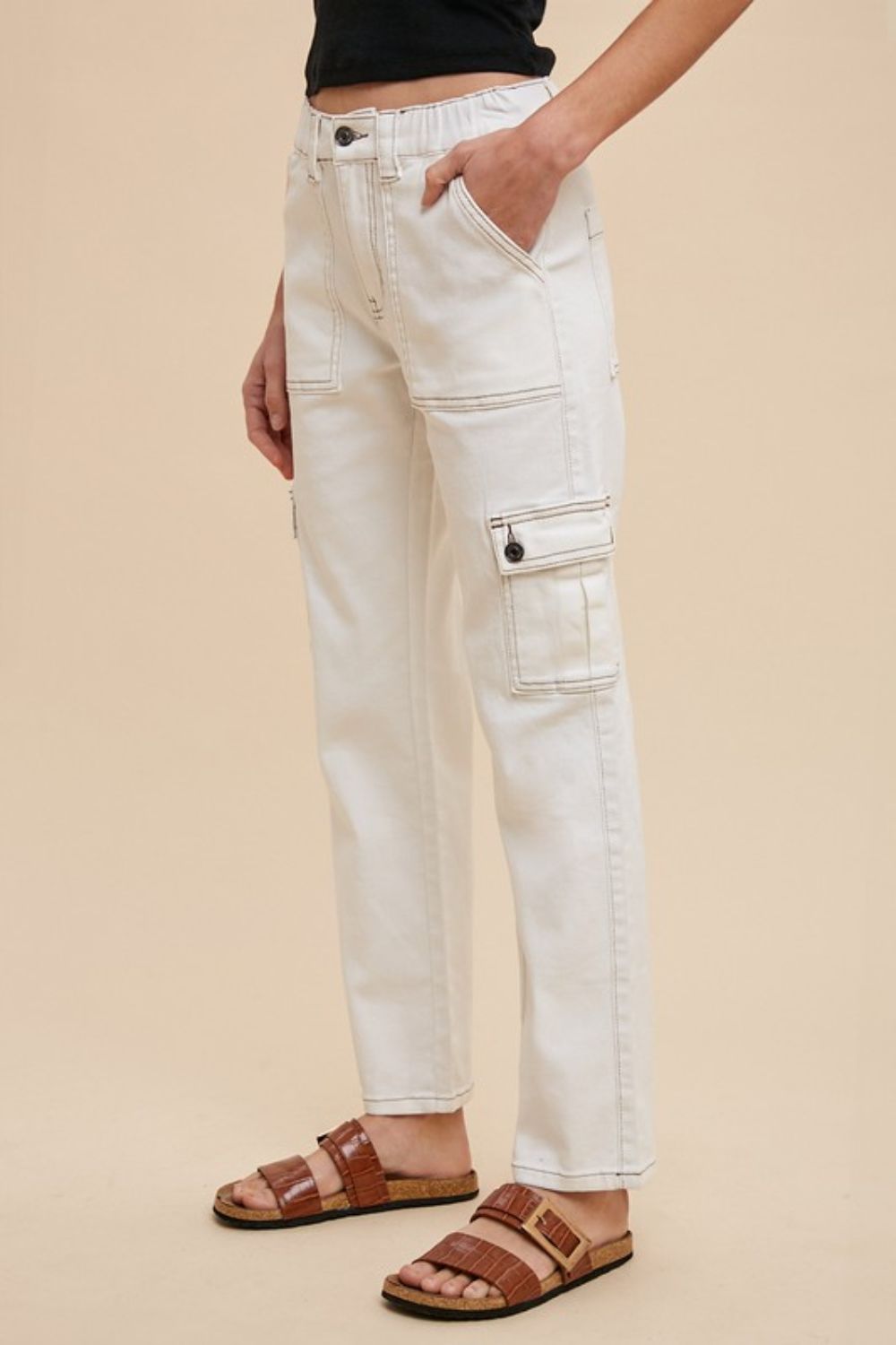 White Straight Leg Jeans with Cargo Pockets - Tigbul's Variety Fashion Shop