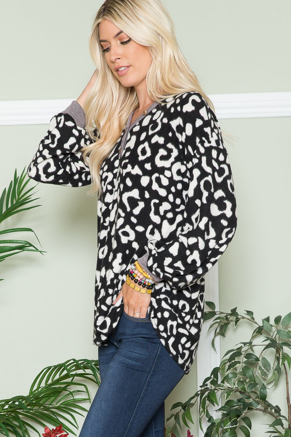 Celeste Full Size Leopard V-Neck Long Sleeve Blouse - Tigbul's Variety Fashion Shop