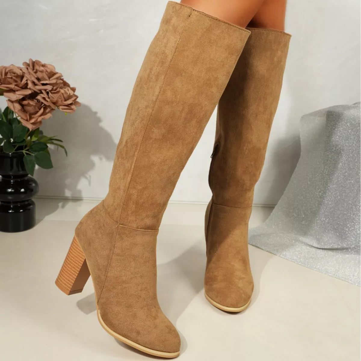 Point Toe Knee-High Suede Block Heel Boots - Tigbul's Variety Fashion Shop