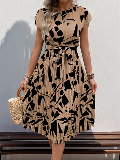 Tied Pleated Printed Cap Sleeve Dress - Tigbul's Variety Fashion Shop