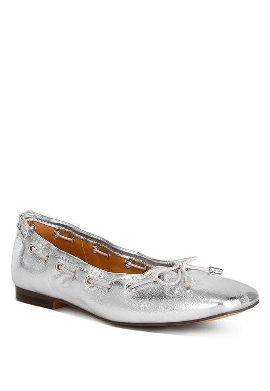 Marlow Metallic Eyelet Detail Bow Ballerinas - Tigbul's Variety Fashion Shop