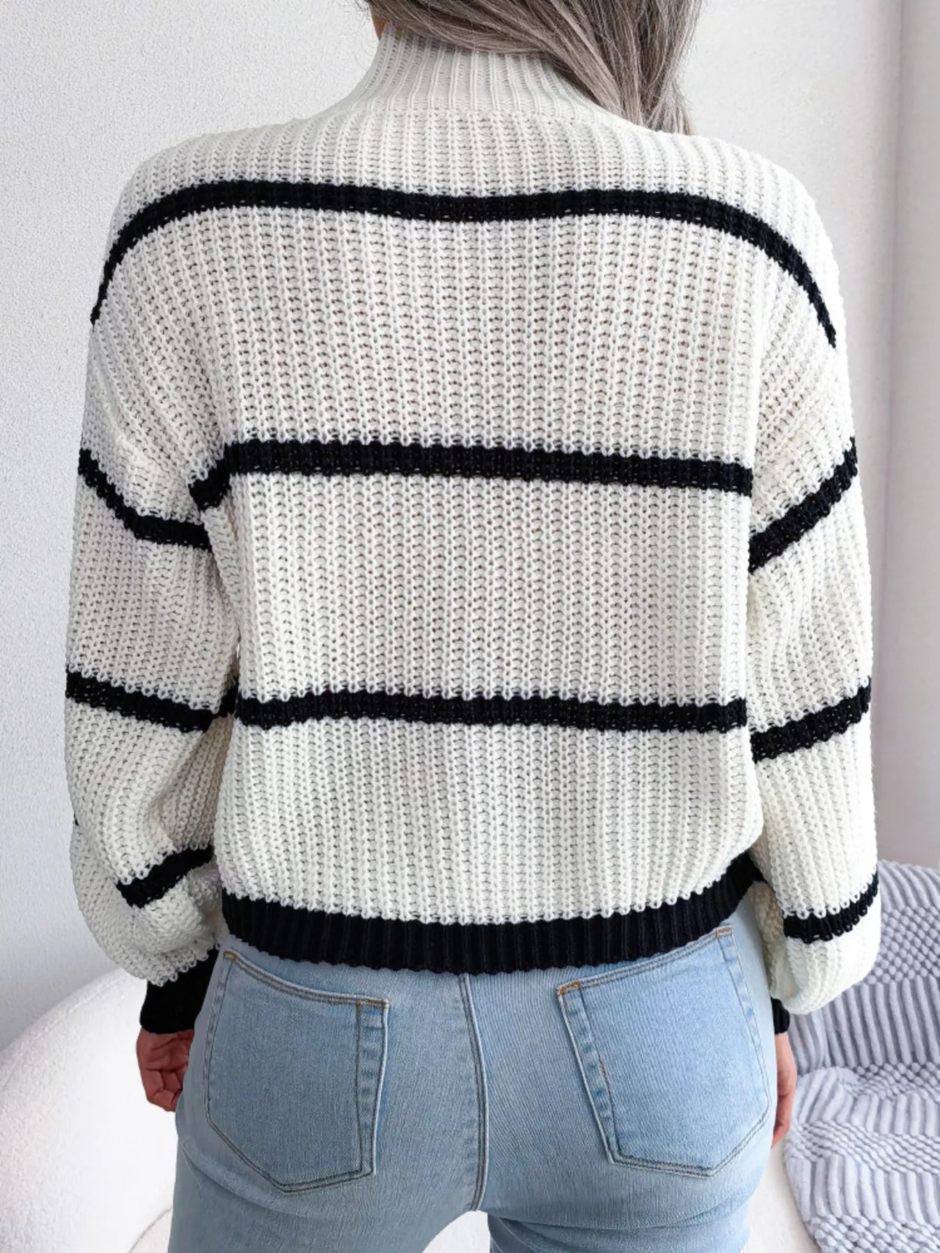 Full Size Striped Mock Neck Knit Sweater Plus Size - Tigbul's Variety Fashion Shop