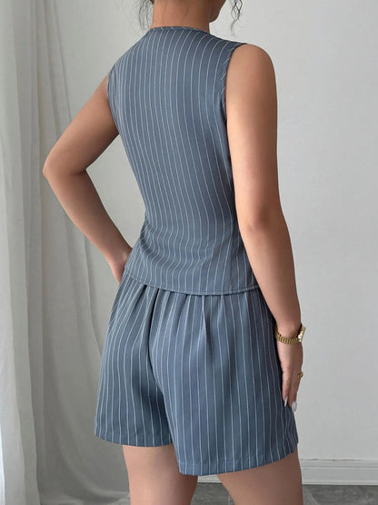 Striped Button Up Vest and Shorts Set - Tigbul's Variety Fashion Shop