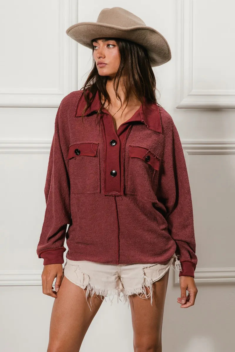 BiBi Cp French Terry Cut Edge Detail Collared Top - Tigbul's Variety Fashion Shop
