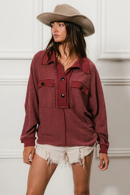 BiBi Cp French Terry Cut Edge Detail Collared Top - Tigbul's Variety Fashion Shop