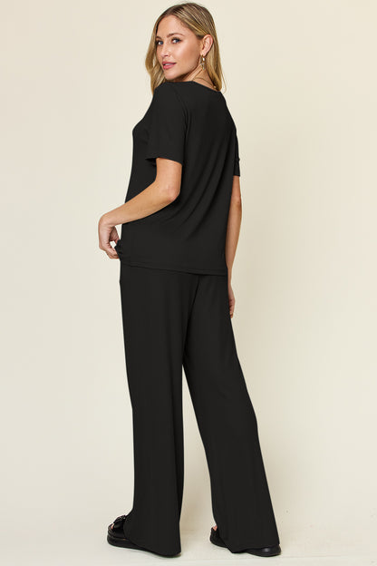 Double Take Full Size Round Neck Short Sleeve T-Shirt and Wide Leg Pants Set - Tigbul's Variety Fashion Shop