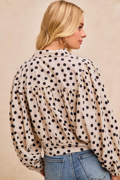 BiBi Polka Dot Print Tie Hem Detail Crop Shirt - Tigbul's Variety Fashion Shop