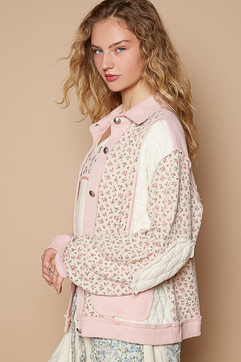 POL Floral Exposed Seam Button Up Quilted Jacket - Tigbul's Variety Fashion Shop