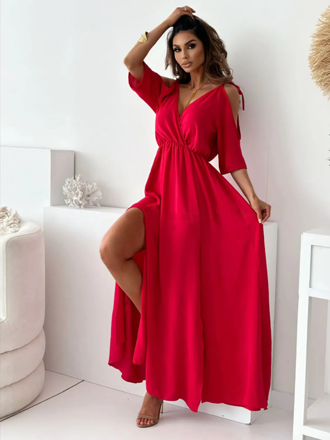 Tied Shoulder Slit Maxi Dress - Tigbul's Variety Fashion Shop