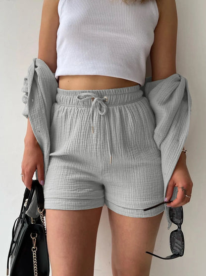 Textured Button Up Shirt and Shorts Set - Tigbul's Variety Fashion Shop