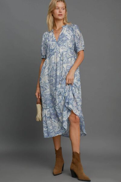 Blue Mix Printed Puff Short Sleeve Midi Dress - Tigbul's Variety Fashion Shop