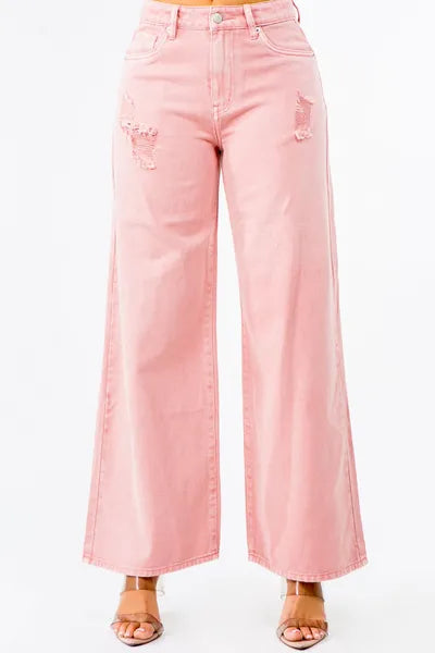 Pink High Waist Distressed Wide Leg Jeans | Tigbuls Variety