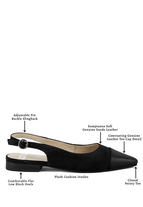 Black suede slingback flats with cushion insole, pin-buckle strap and closed pointed toe