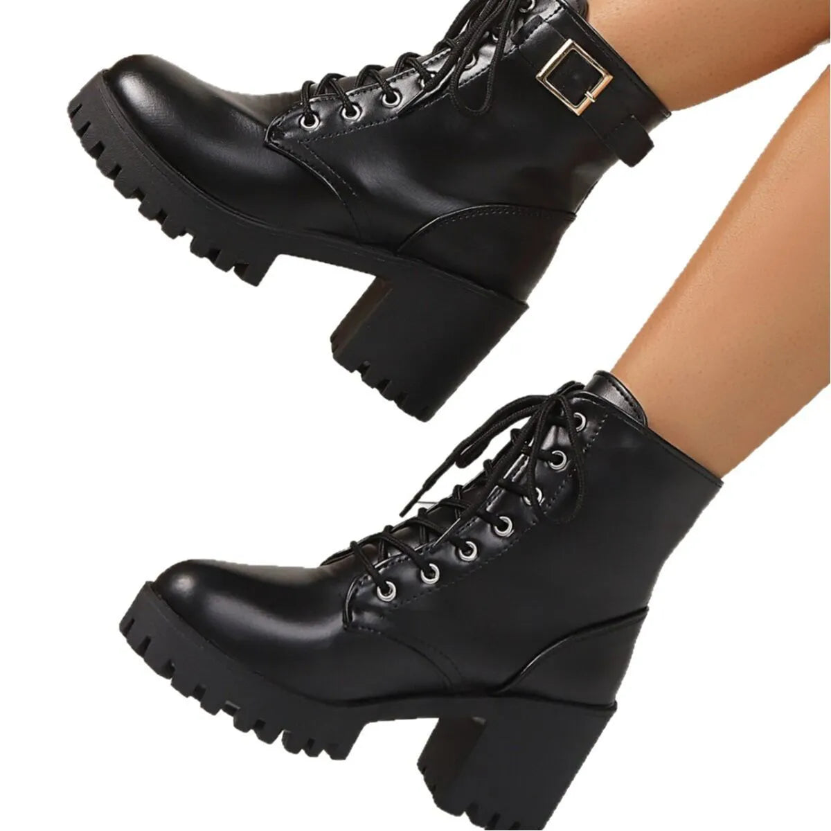 Combat Lace Up Boots with Buckle Straps - Tigbul's Variety Fashion Shop