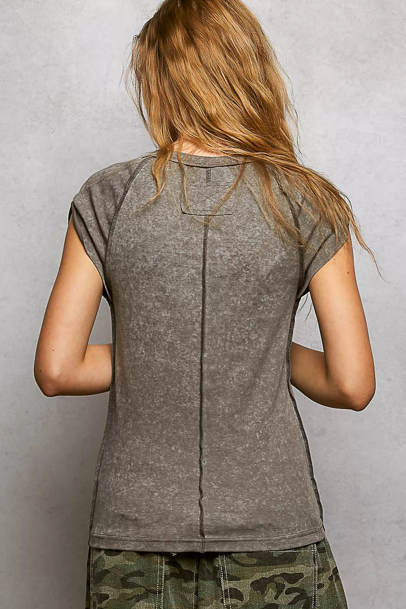 POL V-Neck Short Sleeve Washed T-Shirt with Outseam - Tigbul's Variety Fashion Shop