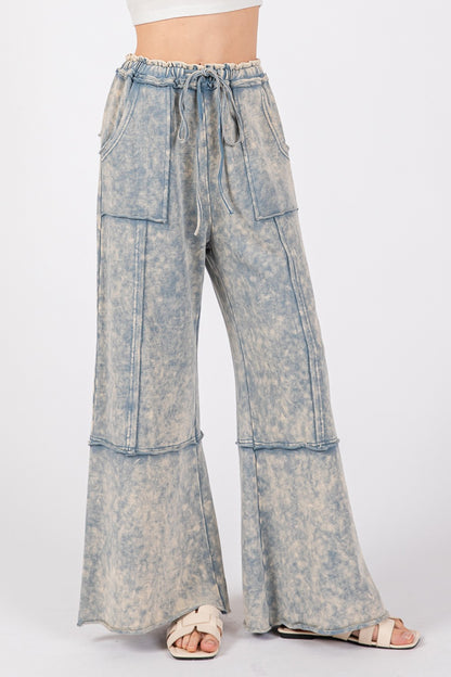 Blue Mineral Washed Terry Wide Leg Pants - Tigbul's Variety Fashion Shop