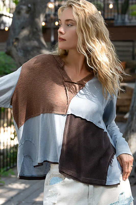 POL Color Block Notched Long Sleeve T-Shirt - Tigbul's Variety Fashion Shop