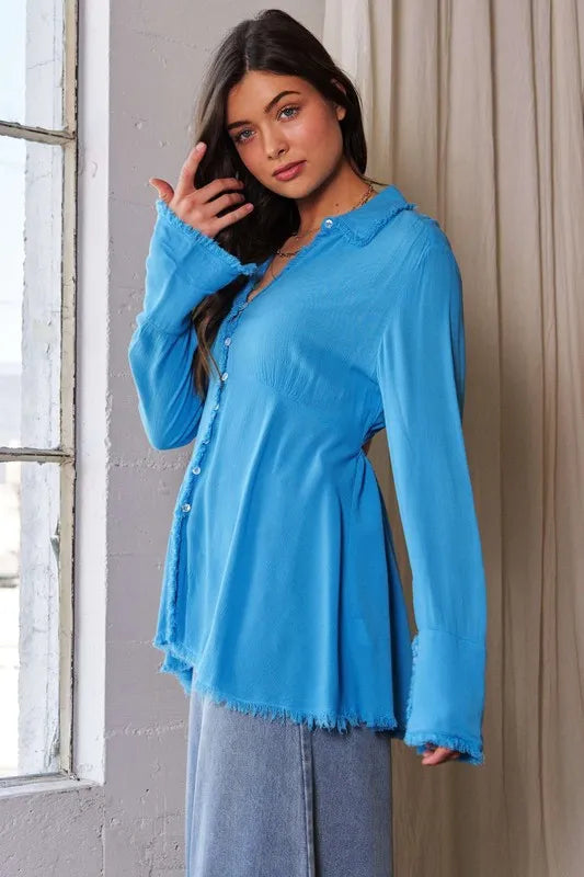 Blue V-Neck Open Back Adjustable Babydoll Shirt - Tigbul's Variety Fashion Shop
