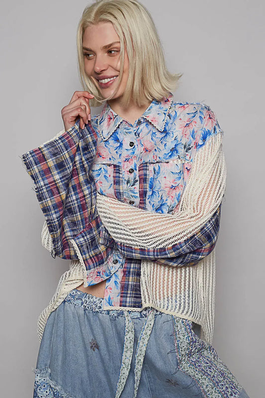 POL Floral Slit Back Plaid Patchwork Shirt - Tigbul's Variety Fashion Shop