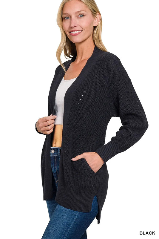 Zenana Eyelet Open Sweater Cardigan with Pockets - Tigbul's Variety Fashion Shop