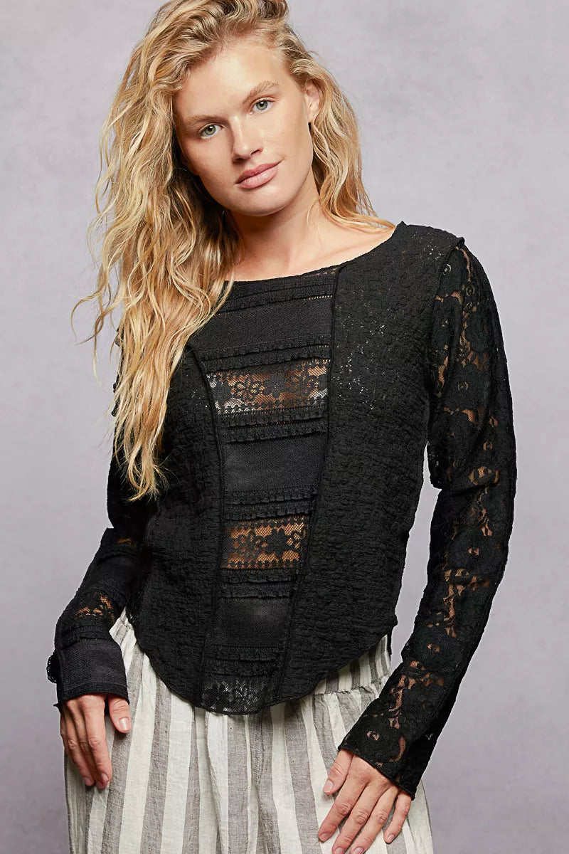 Trendsi black long-sleeve top with round neck, exposed seams and lace sleeves