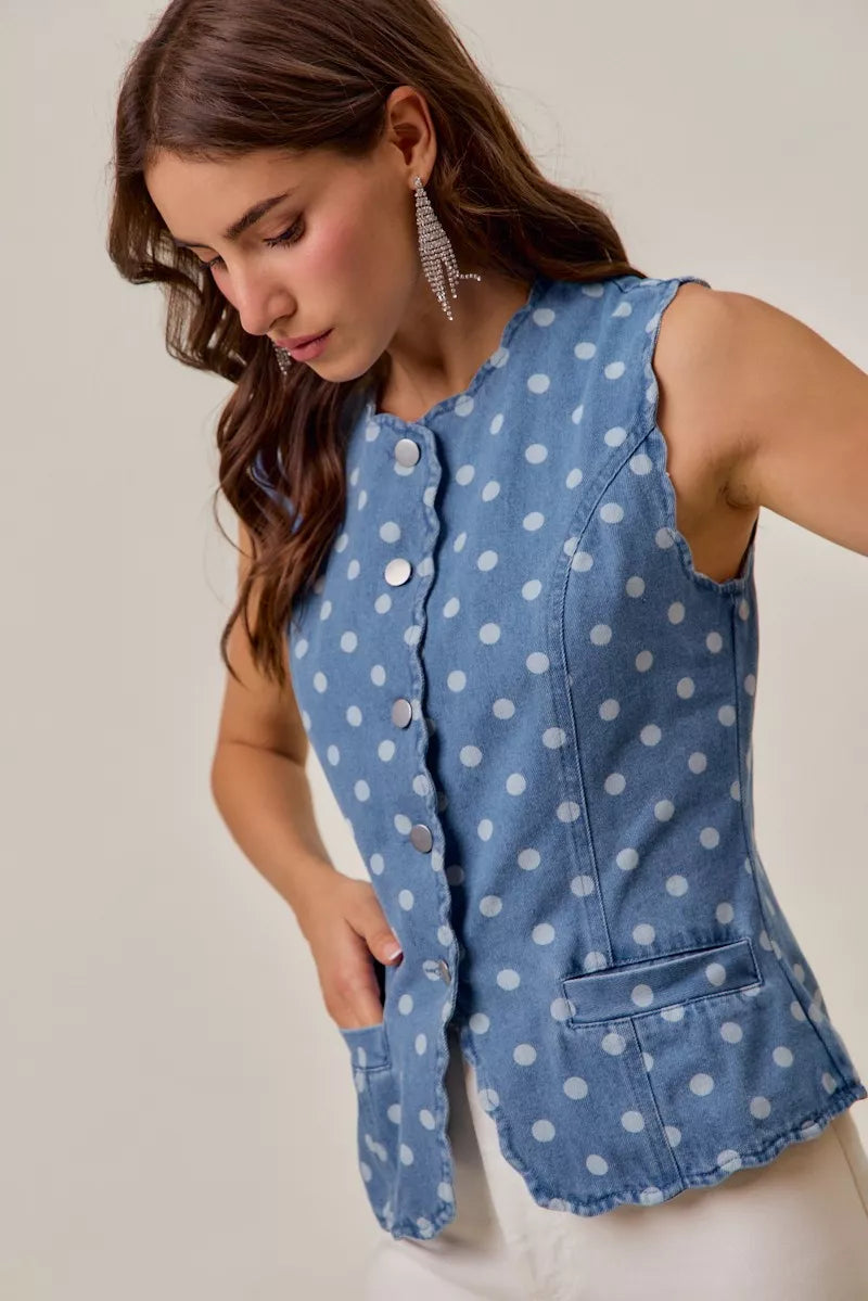 Polka Dot Blue Denim Scallop Edge Button Down Vest Top - Tigbul's Variety Fashion Shop