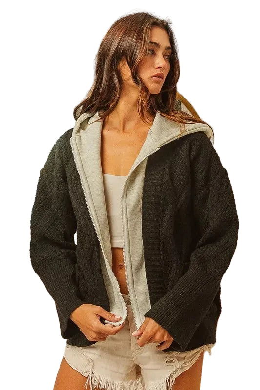 Knit Hoodie Rhombus Black/Gray Sweater Jacket | Tigbuls Variety