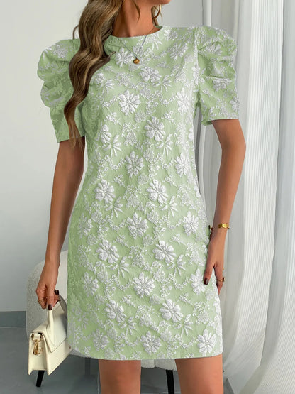 Round Neck Puff Short Sleeve Mini Dress - Tigbul's Variety Fashion Shop