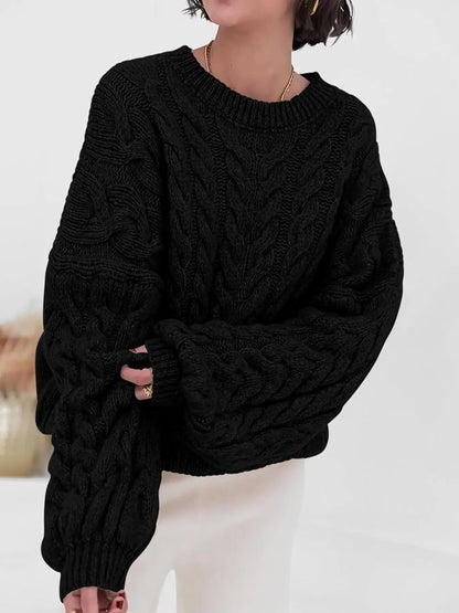 Cable Knit Long Sleeve Sweater - Tigbul's Variety Fashion Shop