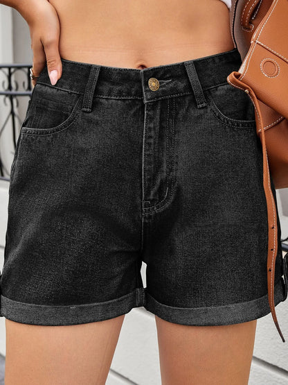 High Waist Rolled Hem Gradient Denim Shorts - Tigbul's Variety Fashion Shop