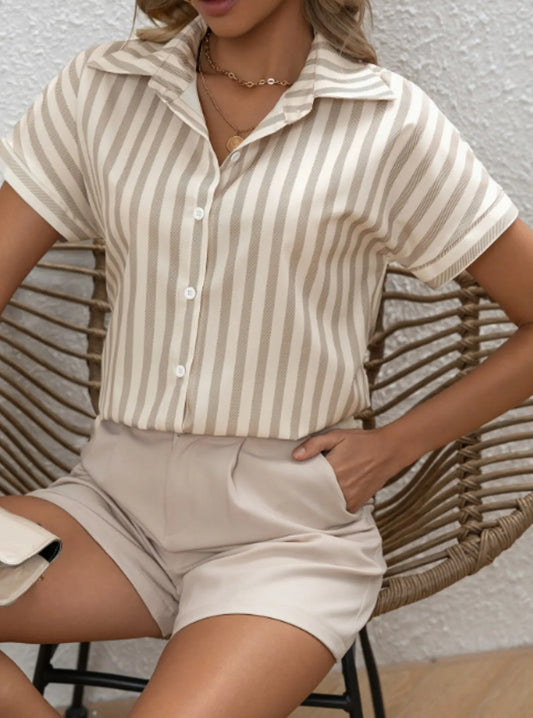 Striped Collared Neck Short Sleeve Shirt - Tigbul's Variety Fashion Shop