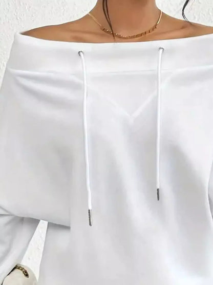Full Size Off-Shoulder Drawstring Long Sleeve Top Plus Size - Tigbul's Variety Fashion Shop