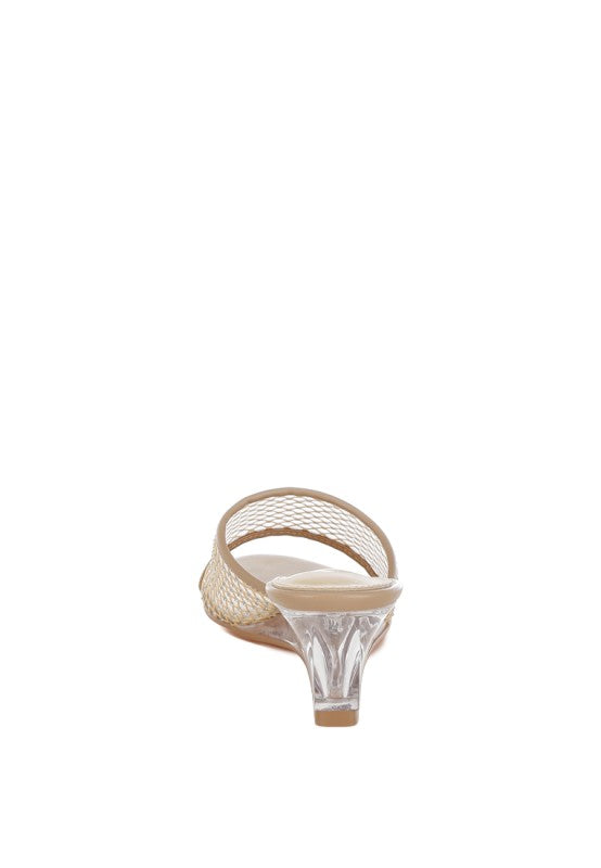Beige mesh slingback wedge sandals with clear block heel, open toe