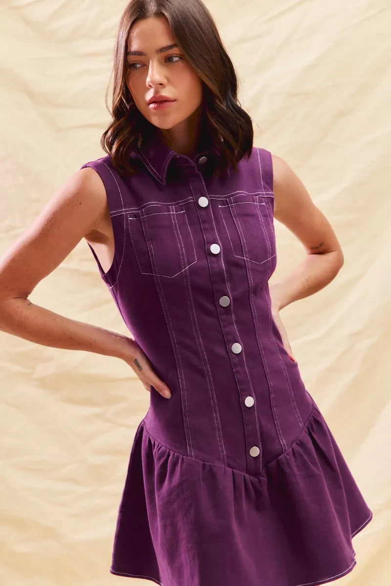 SO ME Button Down Sleeveless Collared Game Day Mini Dress - Tigbul's Variety Fashion Shop