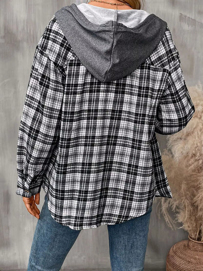 Hooded Plaid Button-Up Shirt - Tigbul's Variety Fashion Shop