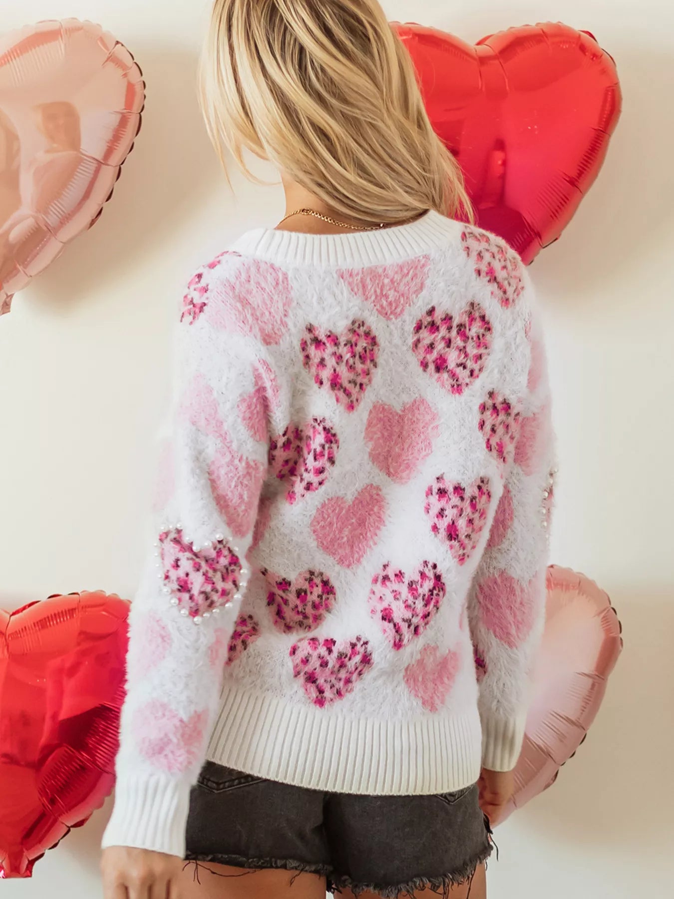 Heart Leopard Pearled Ribbed Trim Fuzzy Sweater - Tigbul's Variety Fashion Shop