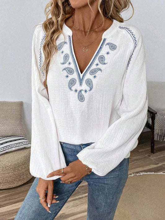 Paisley Pattern Notched Long Sleeve Blouse - Tigbul's Variety Fashion Shop