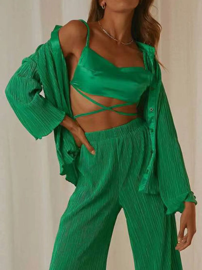 Button Up Long Sleeve Top and Pants Set - Tigbul's Variety Fashion Shop