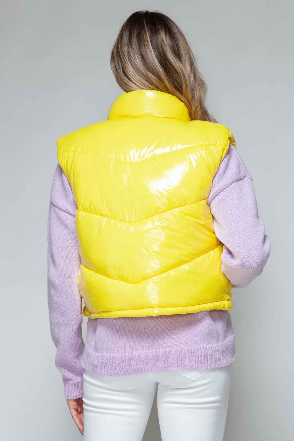 Yellow Zip Up Turtleneck Shiny Quilted Vest - Tigbul's Variety Fashion Shop